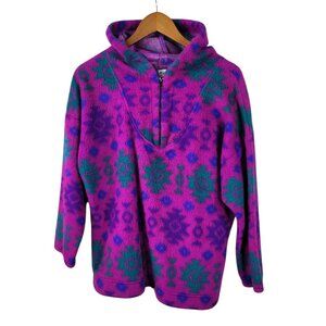 Vintage 90s Fleece Teddy Jacket Coat Small Aztec Southwest Pullover Hooded Pink